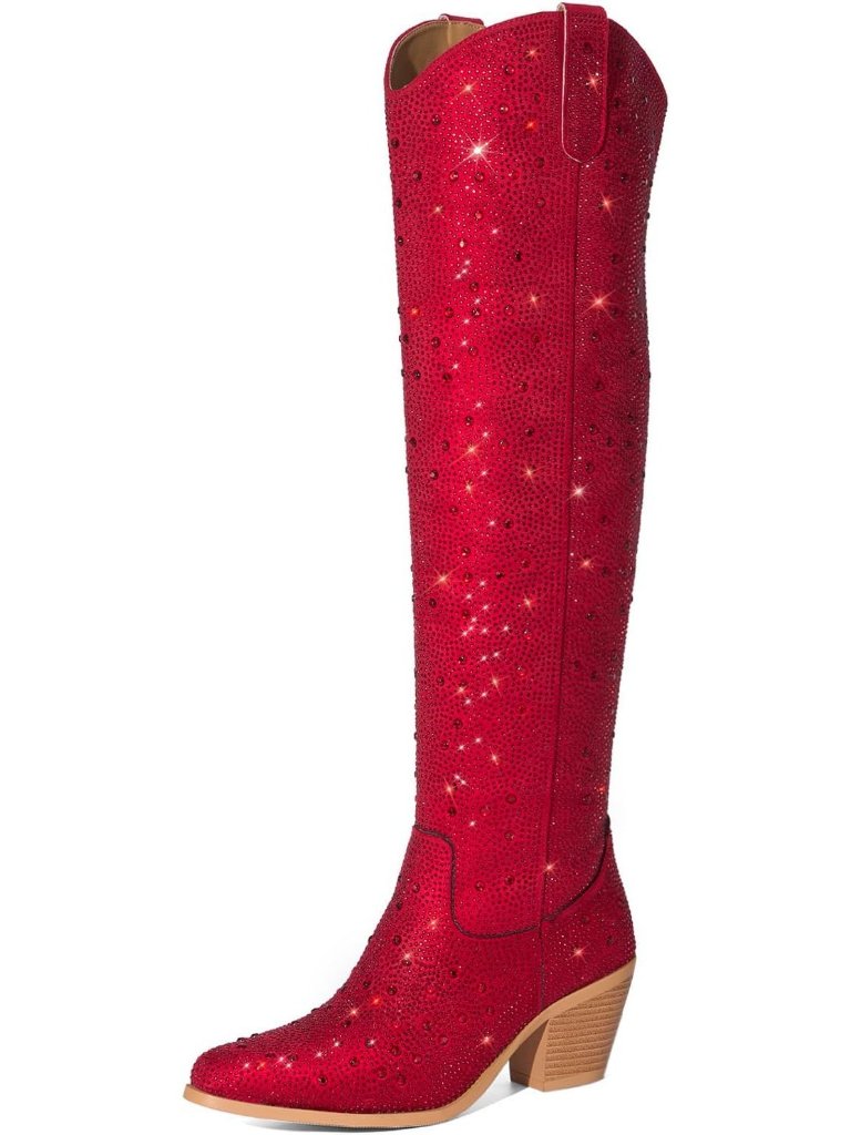 Women's Red Rhinestone Pull On Chunky Heel Closed Toe Knee High Ankle Boots